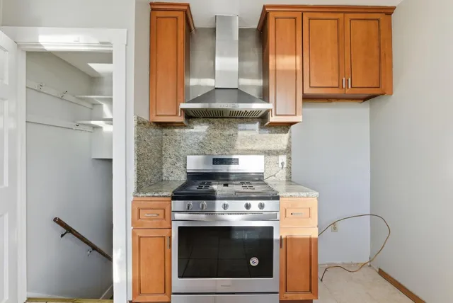 a stove top oven sitting inside of a kitchen