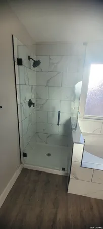 a bathroom with a sink and a shower