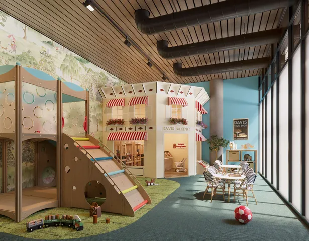 a lobby with furniture and floor to ceiling window