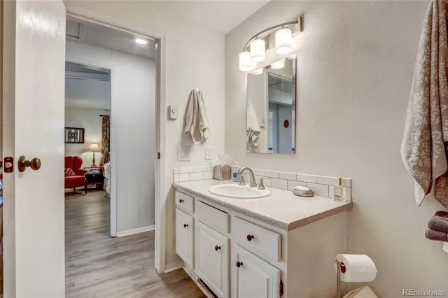 a bathroom with a sink vanity and a mirror