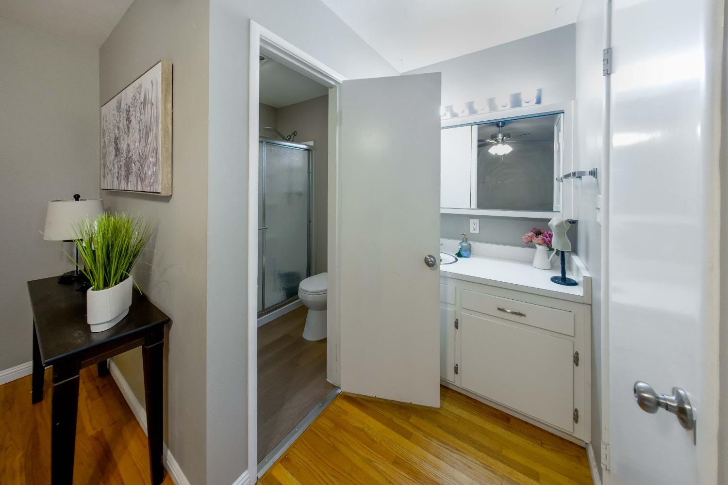 2952 Tahoe Drive Merced, CA 95340 - Photo 28 of 70 full bath with light wood-style floors, a shower stall, vanity, and ceiling fan
