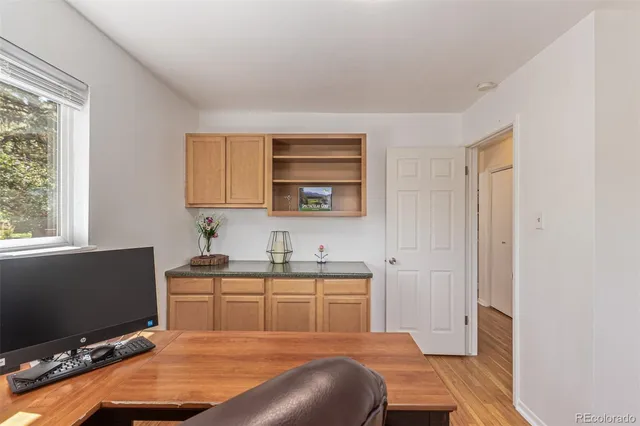 a room with a workspace