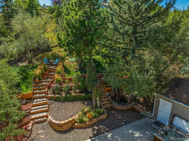a view of a backyard with plants and a garden
