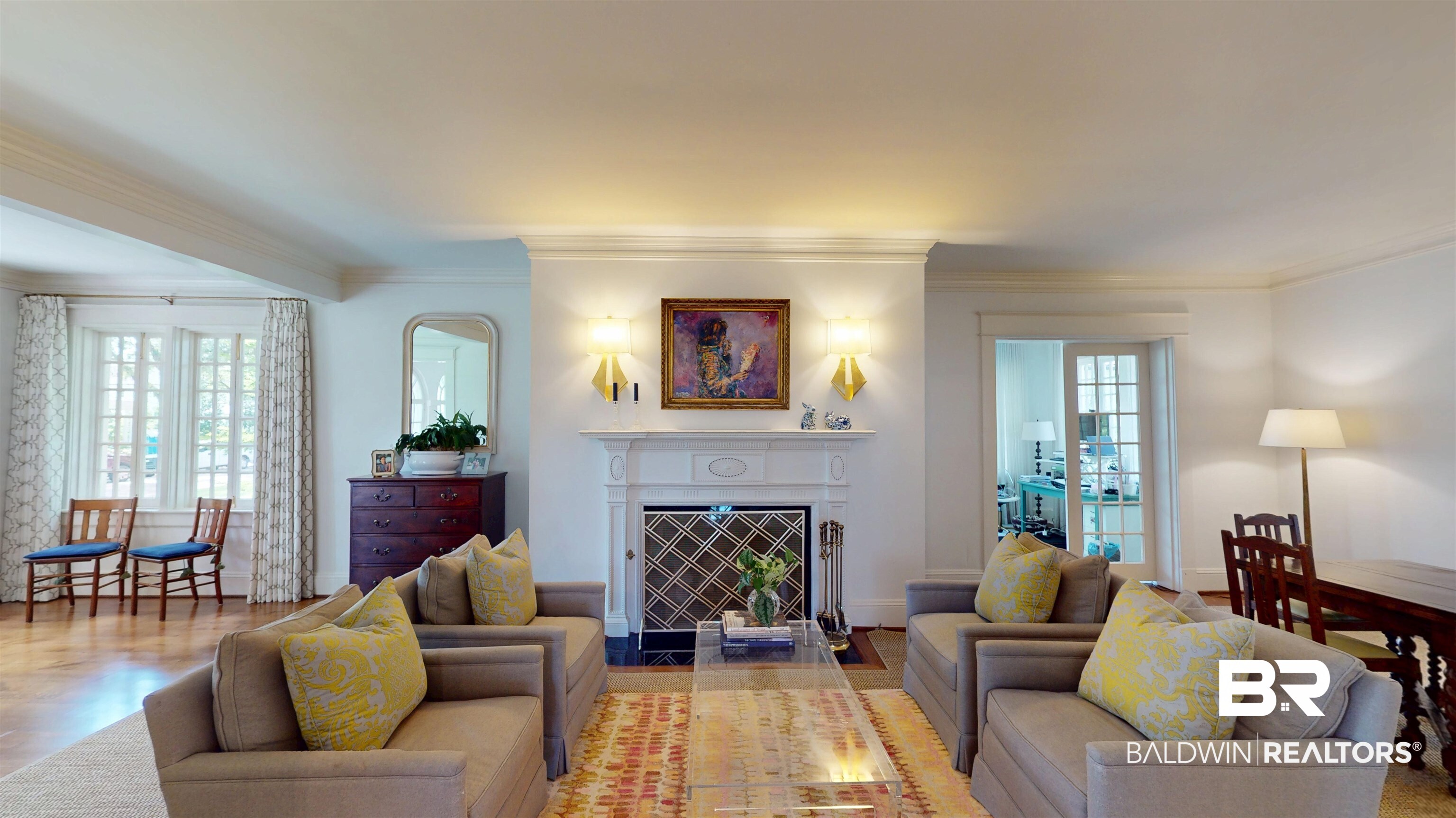 211 Lanier Avenue Mobile, AL 36607 - Photo 9 of 73 Living room featuring crown molding, a fireplace with flush hearth, and light wood finished floors