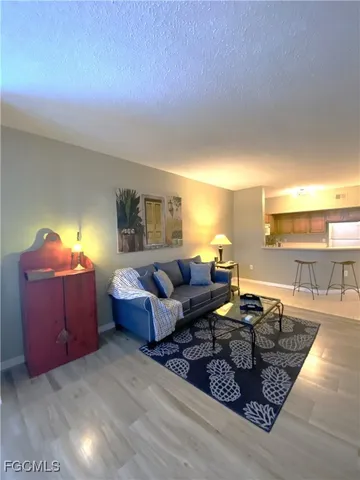 a living room with furniture rug and lamp