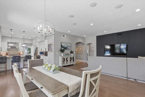 a view of a dining room with furniture