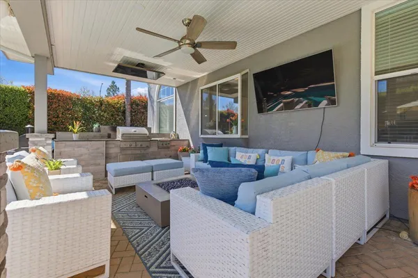 a view of a building with a garden