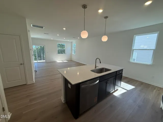 a kitchen with a sink cabinetry and wooden floor