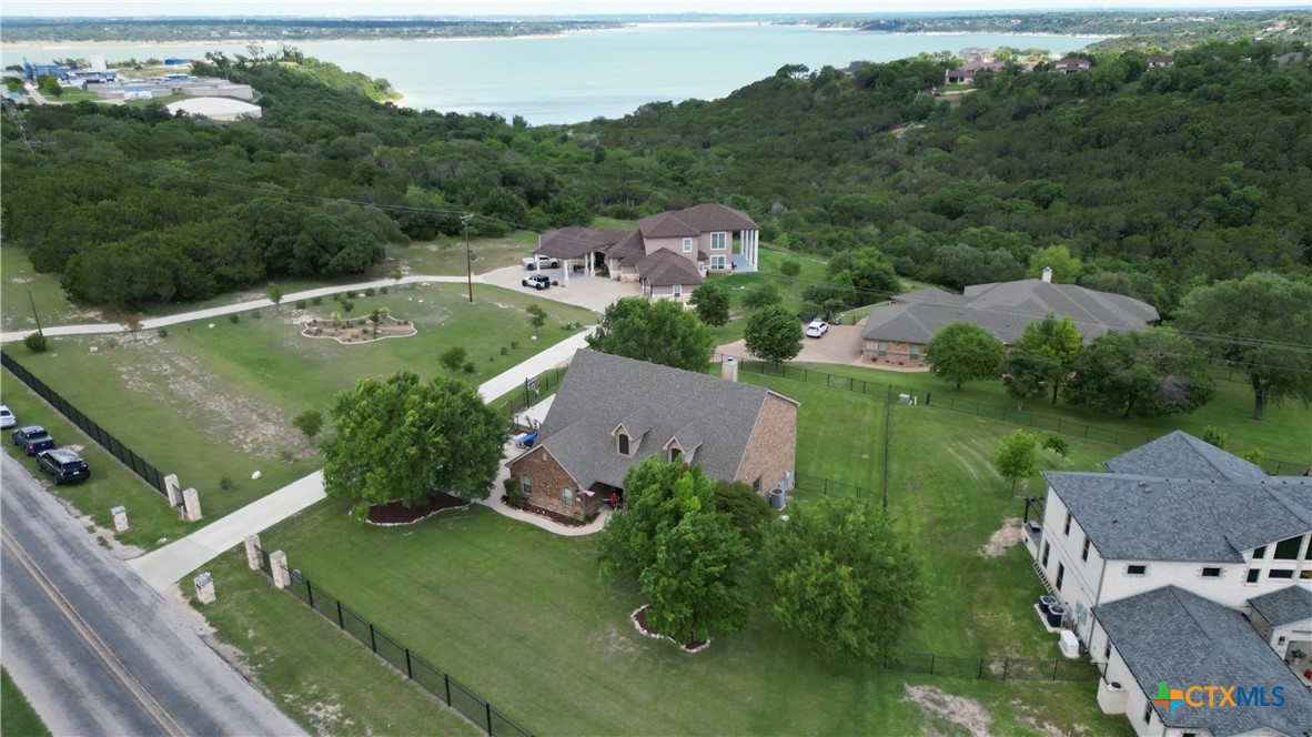 an aerial view of a house with a garden