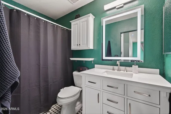 a bathroom with a sink a toilet and mirror