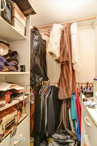 a view of walk in closet with clothes and shoes