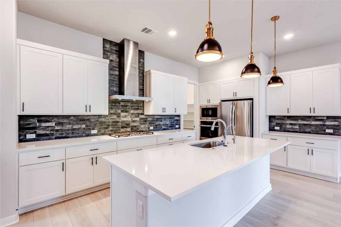 129 Cotton Tree Terrace Dripping Springs, TX 78620 - Photo 13 of 40 a kitchen with a sink a counter top space cabinets and stainless steel appliances