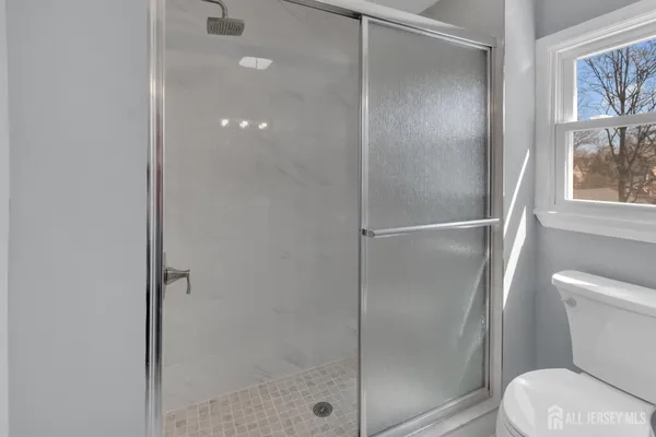 a bathroom with a shower a toilet and a shower