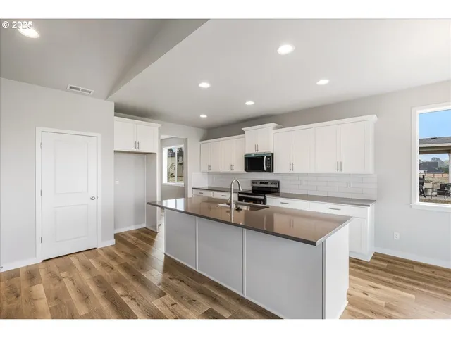 a kitchen with a sink stainless steel appliances and cabinets