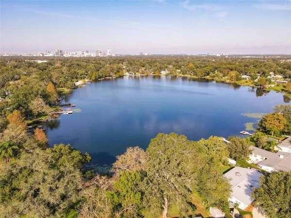 a view of a lake with city