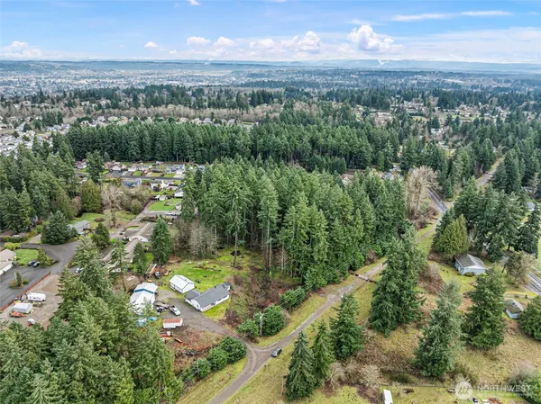 an aerial view of residential houses with outdoor space and trees