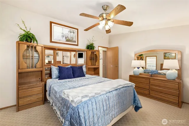 a bedroom with a large bed and a chandelier