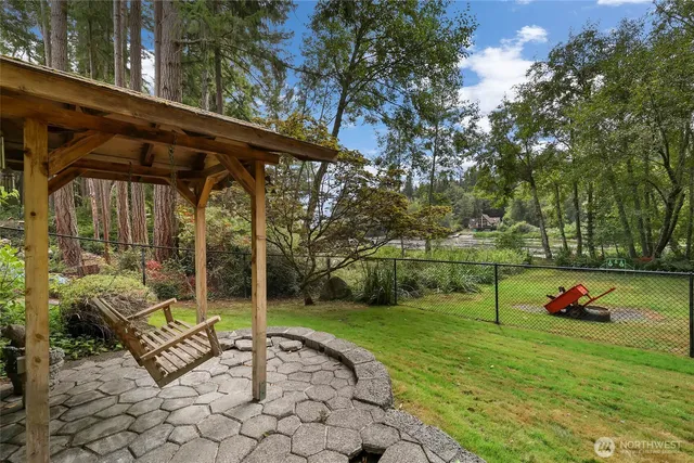 a view of a yard with plants and large trees