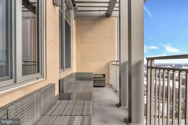 a view of a balcony with stairs