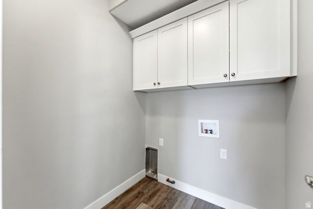 1614 Aspen Loop Provo, UT 84606 - Photo 17 of 47 Utility area featuring overhead white shaker cabinetry, wood-finish flooring, and white baseboards