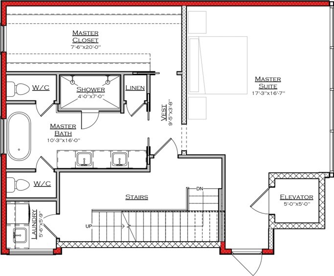 1222 Winter Street Houston, TX 77007 - Photo 12 of 13 The floor plan features a spacious master suite with an adjoining large master bath, including dual sinks, a shower, and two water closets. There's a generous walk-in closet, a laundry room, and convenient access via stairs and an elevator.