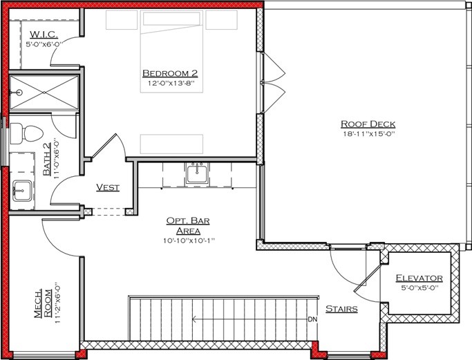 1222 Winter Street Houston, TX 77007 - Photo 13 of 13 This floor plan features a spacious bedroom with a walk-in closet and an adjoining bathroom. There's an optional bar area, a large roof deck for outdoor enjoyment, and convenient access via stairs or an elevator.