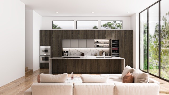 1222 Winter Street Houston, TX 77007 - Photo 4 of 13 This photo showcases a modern, open-concept kitchen with sleek, dark cabinetry and built-in appliances. The space features a large island with a quartz countertop and waterfall quartz countertop. Floor-to-ceiling windows provide abundant natural light and a view of greenery, creating a bright and inviting atmosphere. Virtually Staged.