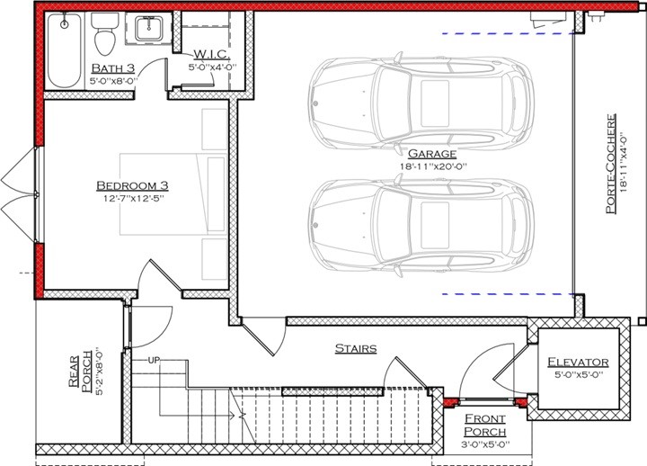 1222 Winter Street Houston, TX 77007 - Photo 10 of 13 This floor plan features a spacious two-car garage, a bedroom with an en-suite bathroom and walk-in closet, and convenient access to an elevator and stairs. A front porch and rear porch offer outdoor space, enhancing the home's accessibility and functionality.