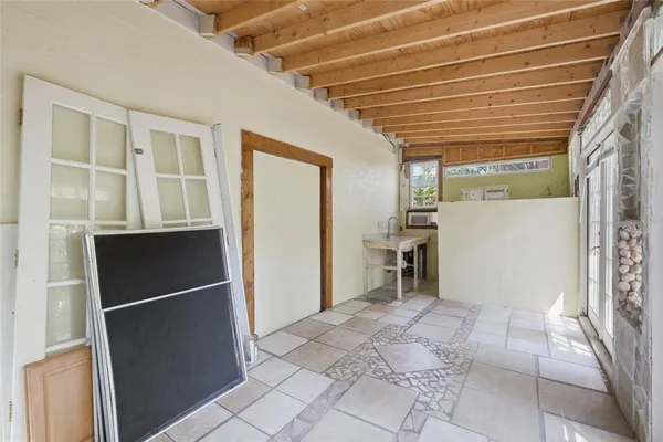 a porch with seating space