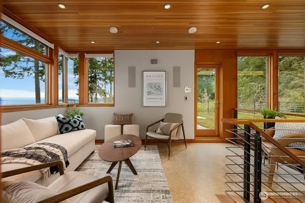 a living room with furniture and large windows