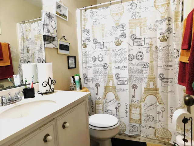a bathroom with a sink and mirror with toilet