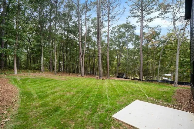 a view of a backyard with a garden and trees