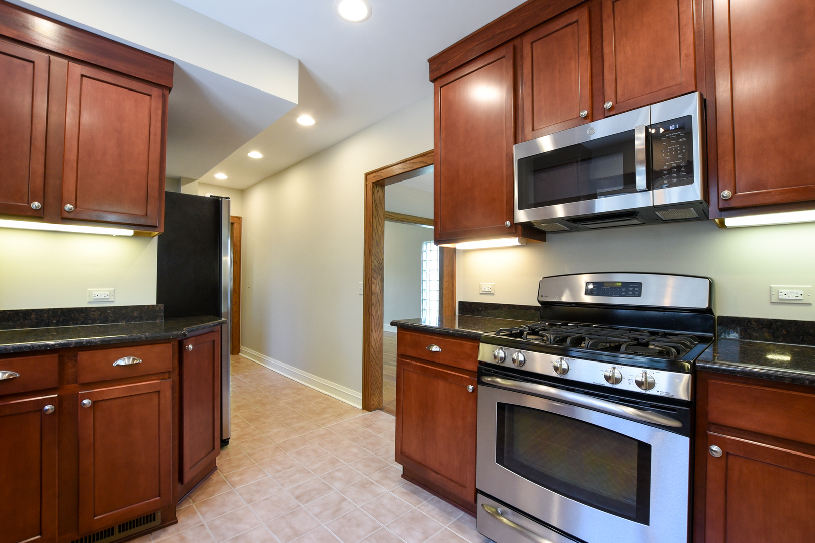 347 Herrick Road Riverside, IL 60546 - Photo 9 of 28 a kitchen with stainless steel appliances granite countertop a stove microwave and sink