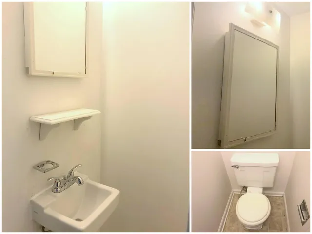 a bathroom with a sink a toilet and mirror