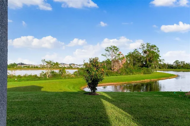a view of a lake with a big yard