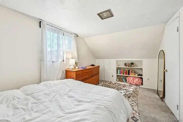 a bedroom with a bed and a closet