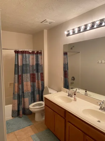 a bathroom with a double vanity sink toilet and shower