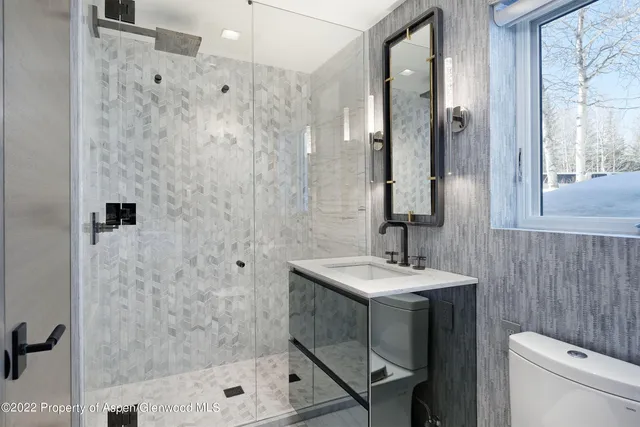 a bathroom with a sink a toilet and shower