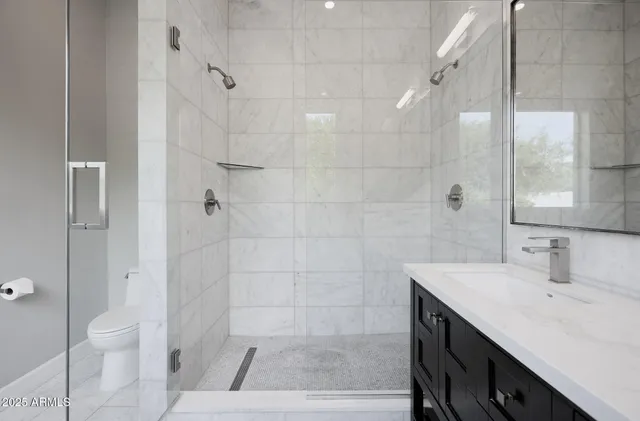 a bathroom with a sink a toilet and shower