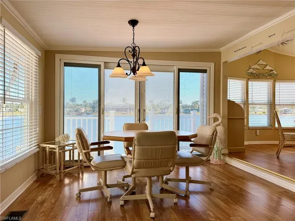 a view of a dining room with furniture window and wooden floor