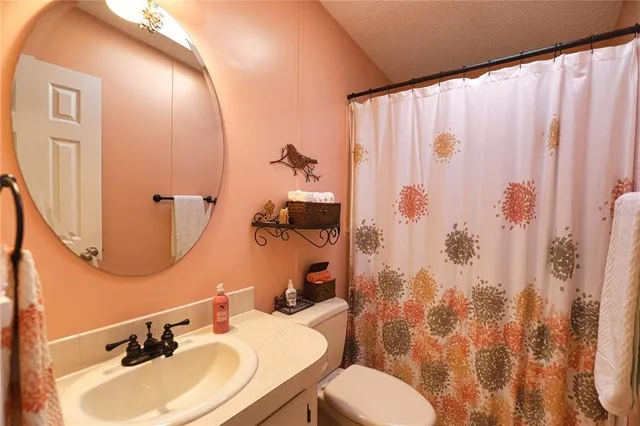 a bathroom with a granite countertop sink a toilet a mirror and shower
