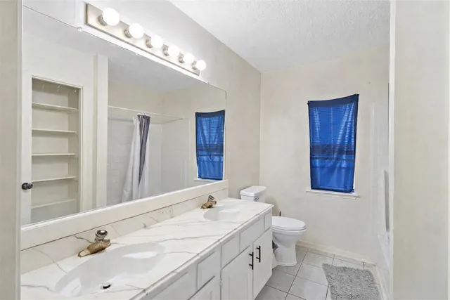 a bathroom with a double vanity sink mirror and toilet