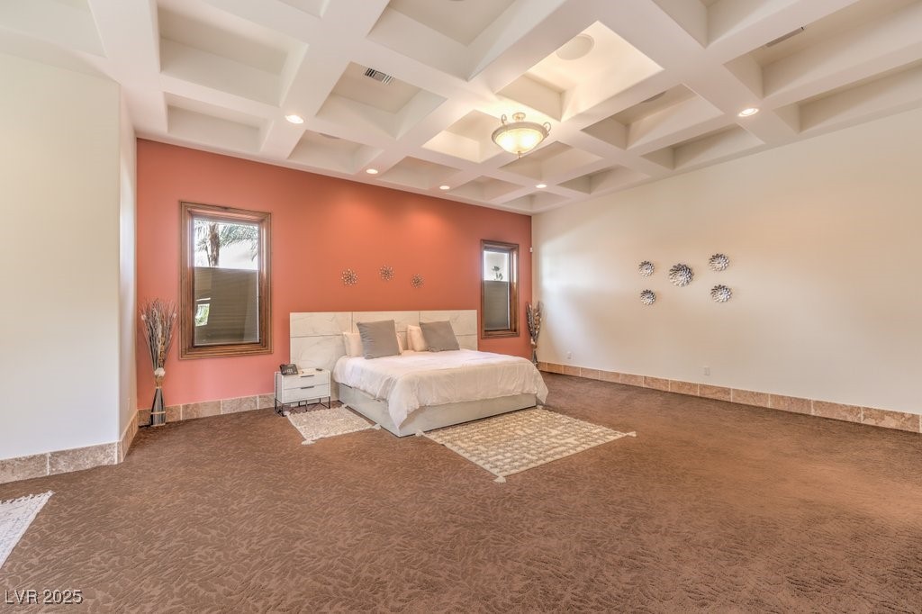 2780 El Camino Road Las Vegas, NV 89146 - Photo 41 of 90 Bedroom featuring carpet, coffered ceiling, beam ceiling, and visible vents