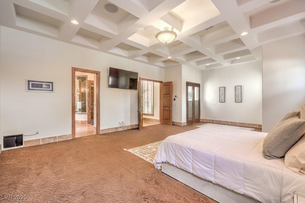 2780 El Camino Road Las Vegas, NV 89146 - Photo 43 of 90 Bedroom featuring carpet flooring, recessed lighting, beam ceiling, and coffered ceiling