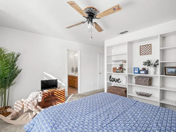 a bedroom with a bed and cabinets