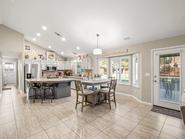 a view of a dining area with furniture