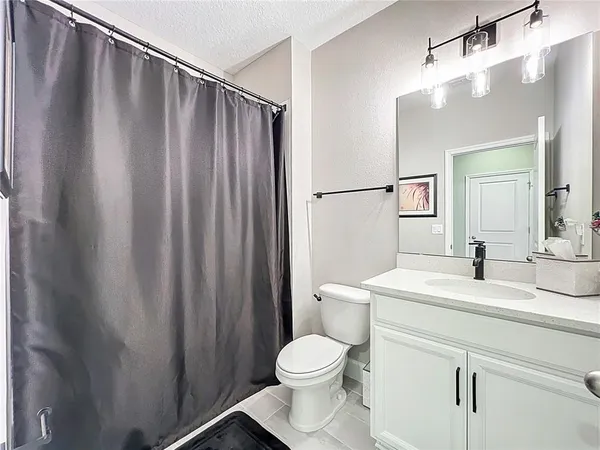 a bathroom with a sink a toilet a mirror and shower curtain