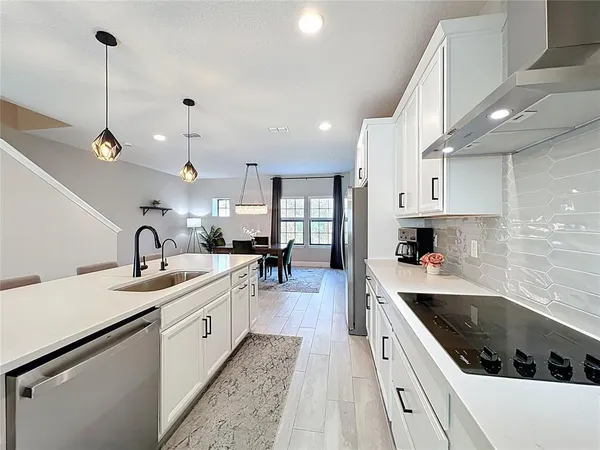 a kitchen with a sink a counter space appliances and cabinets