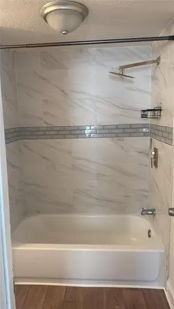 a bathroom with a shower and a bath tub
