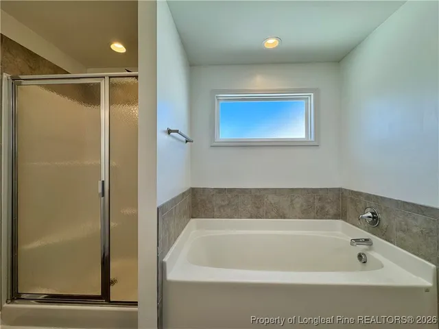 a bathroom with a bathtub and shower